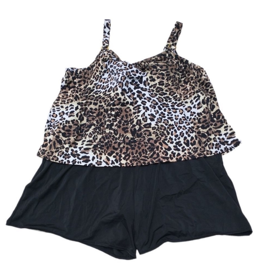 NWT Swimsuits For All one-piece leopard print tank black shorts, size 32